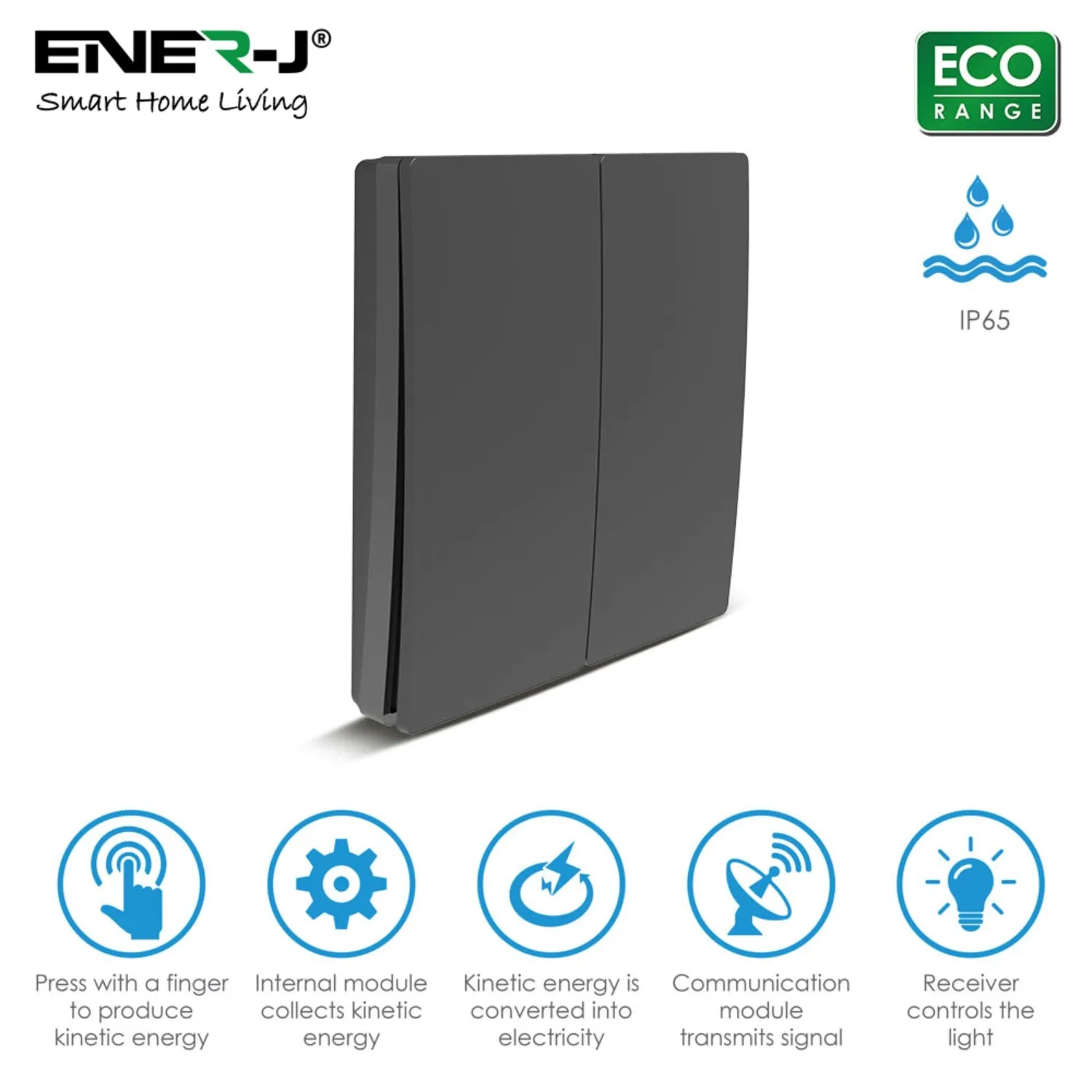 ENER-J 2 Gang Wireless Kinetic Switch, Black   2 units of 500W RF Receiver