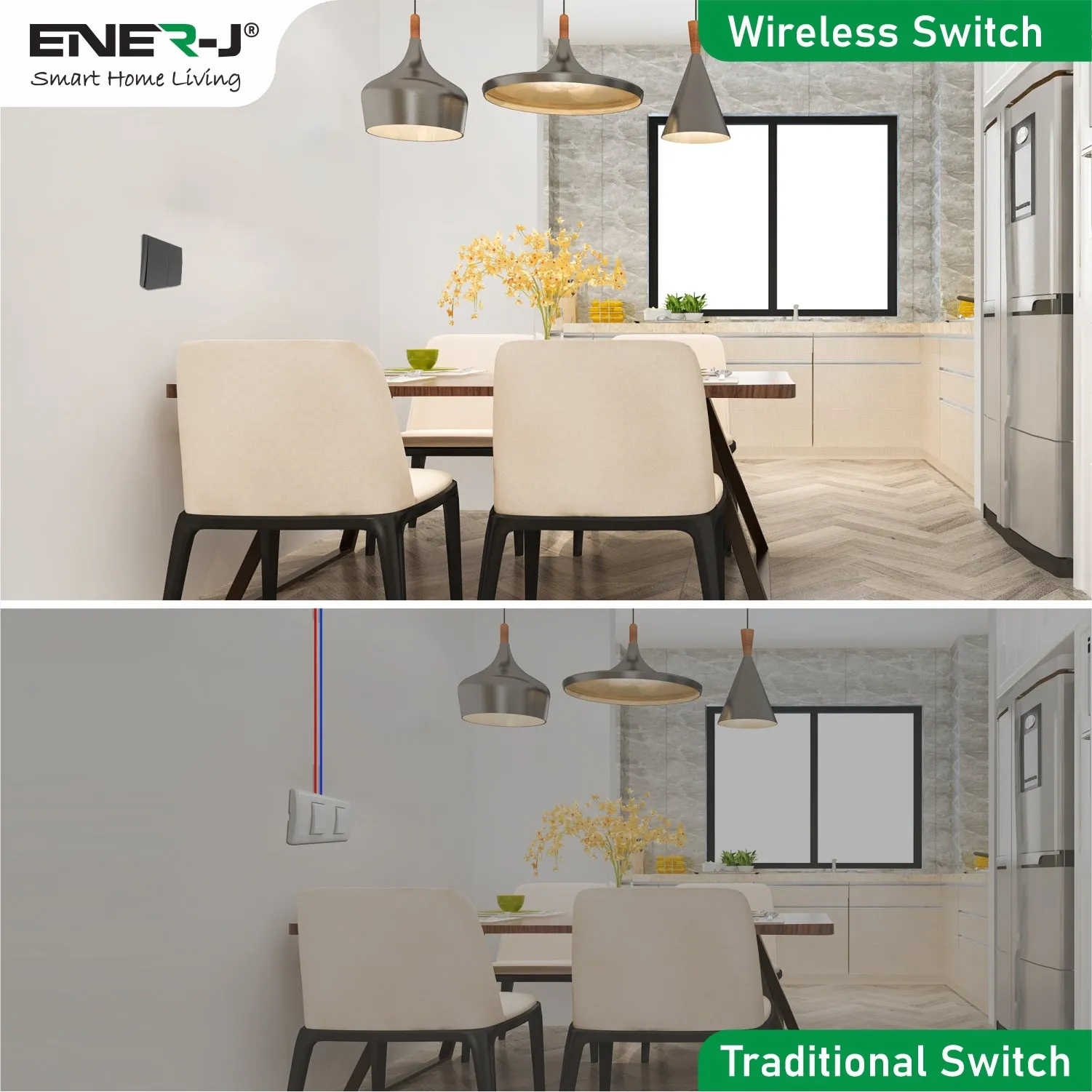 ENER-J 2 Gang Wireless Kinetic Switch, Black   2 units of 500W RF Receiver