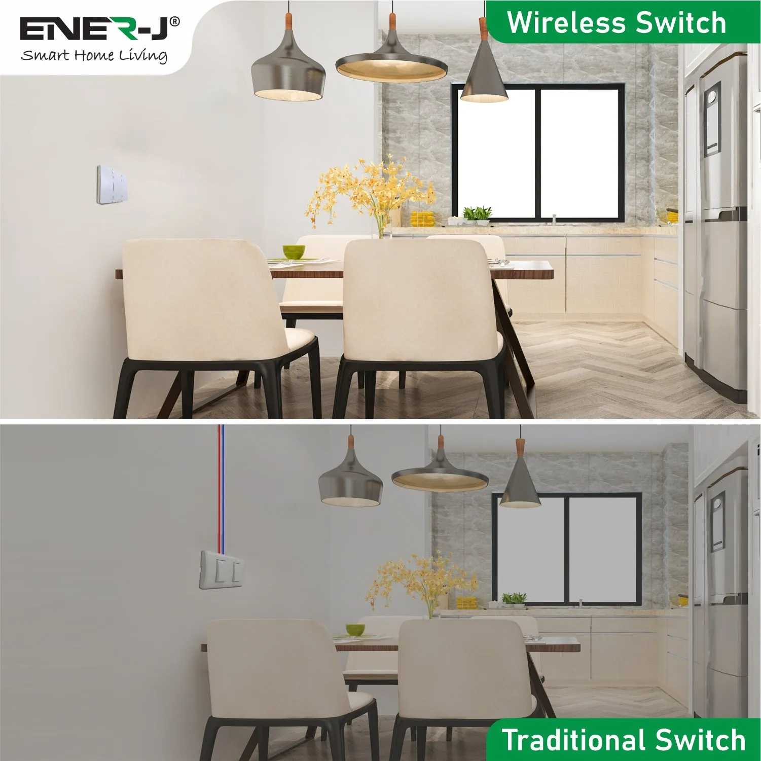 ENER-J 3 Gang Wireless Kinetic Switch (white body)   3 x 500W RF receiver