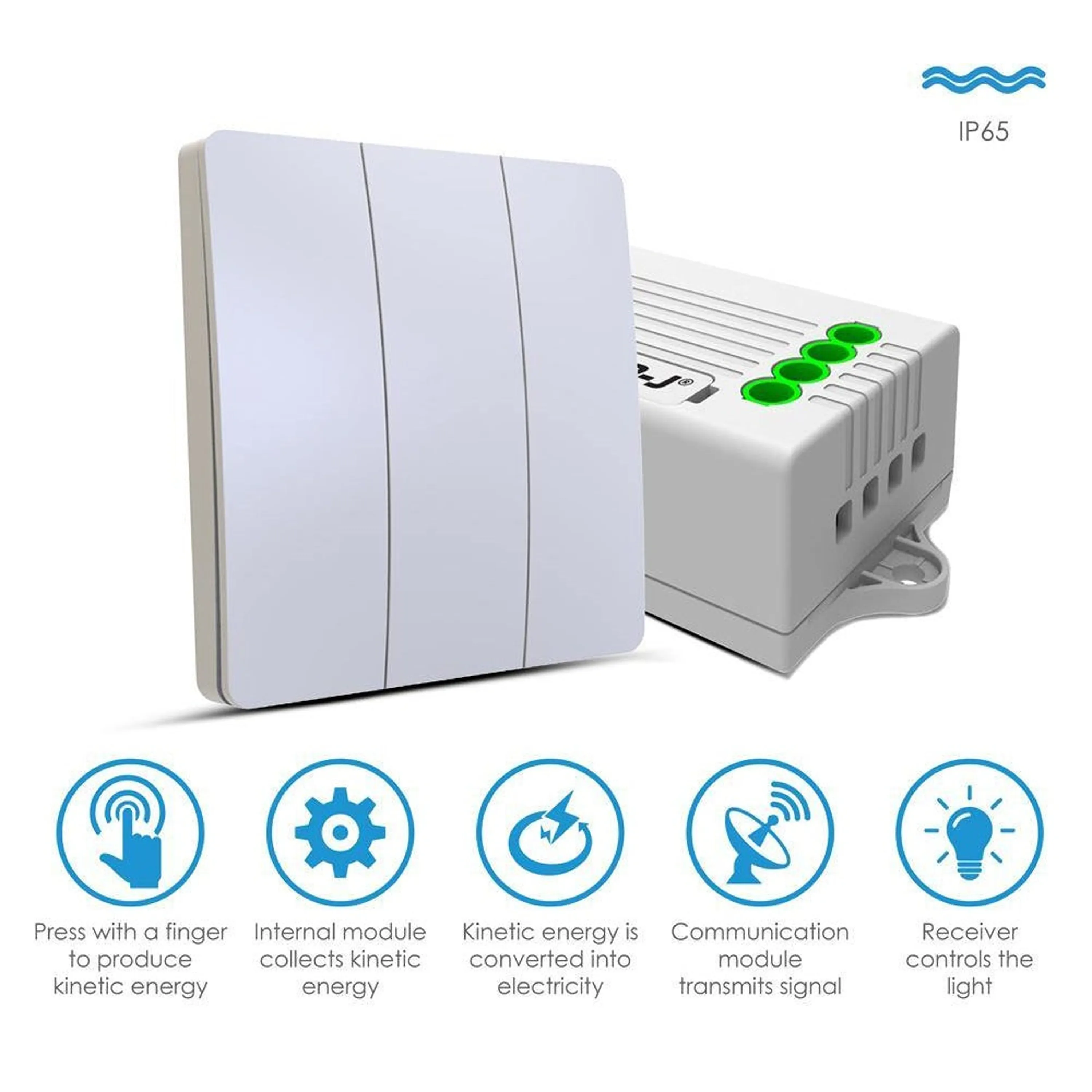 ENER-J 3 Gang Wireless Kinetic Switch (white body)   3 x 500W RF receiver