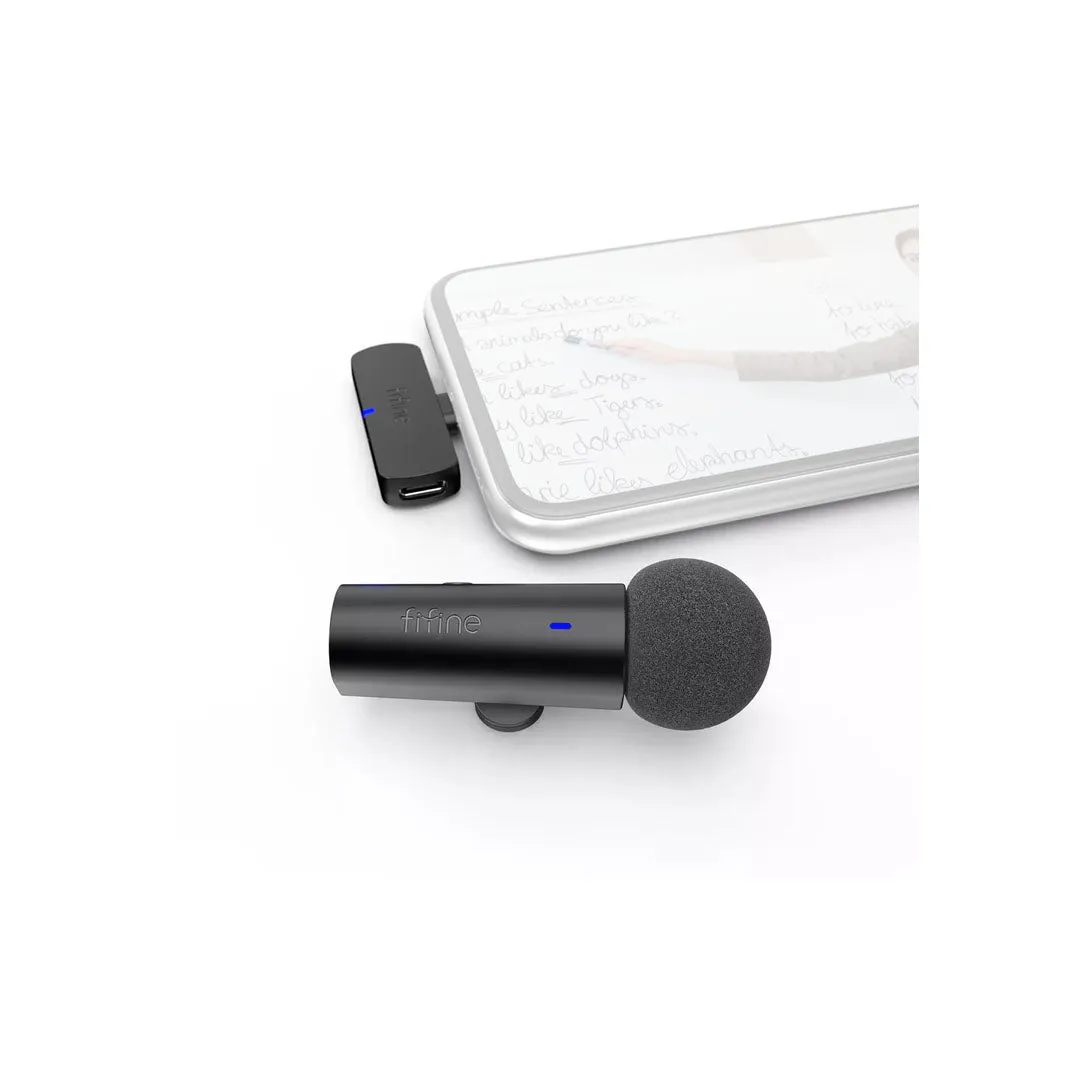 Fifine M6 2.4GHz Wireless Lavalier Lapel Microphone System with Clip and USB Type C Receiver for Smartphones and Vlogging