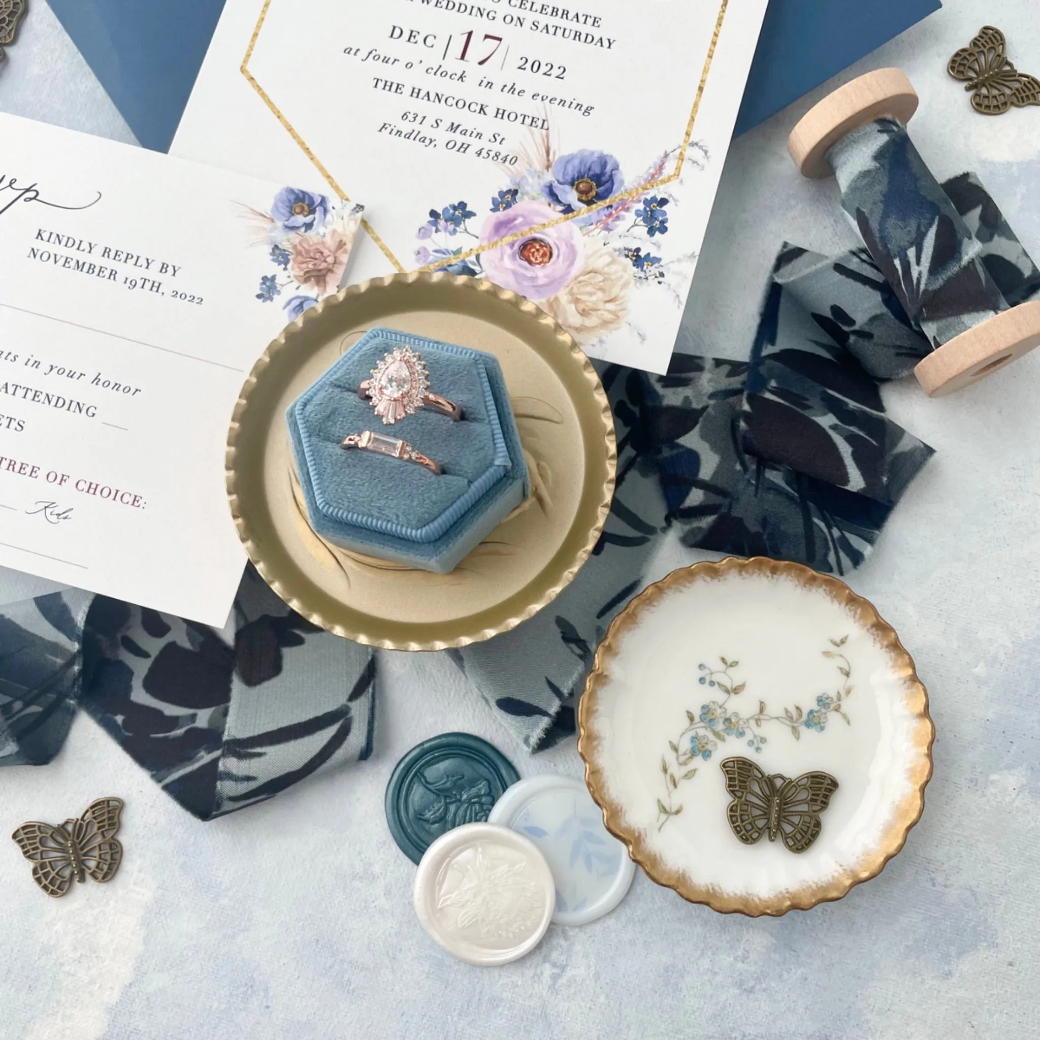 Floral Silk Dusty Blue Flat Lay Ribbon