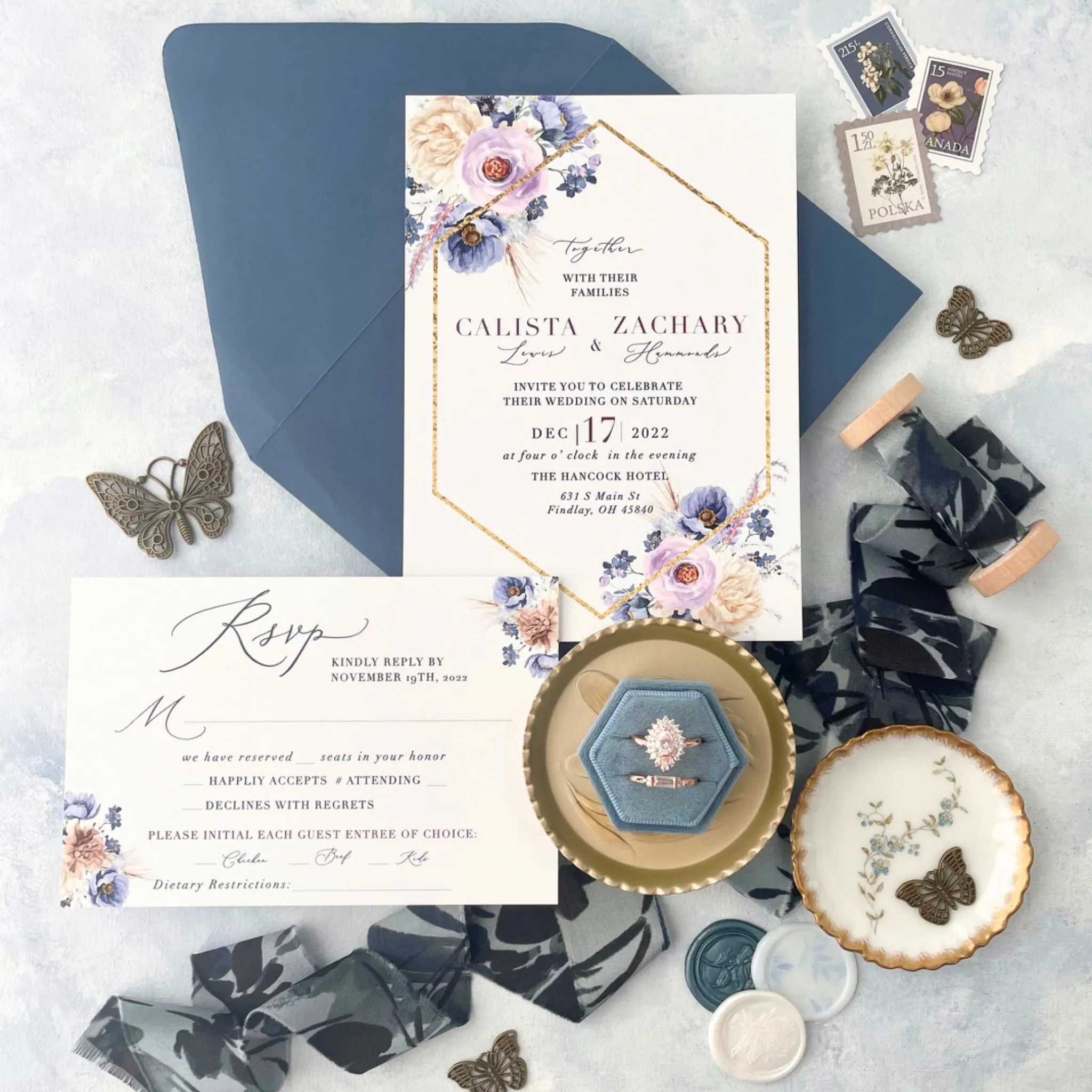 Floral Silk Dusty Blue Flat Lay Ribbon