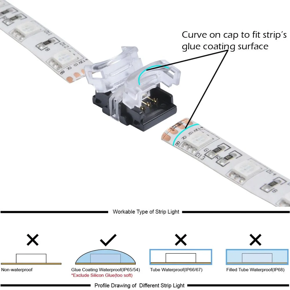 FluxTech - 4-Pin RGB LED Strip to Strip Connector for 10mm Waterproof 5050 LED Strip Light