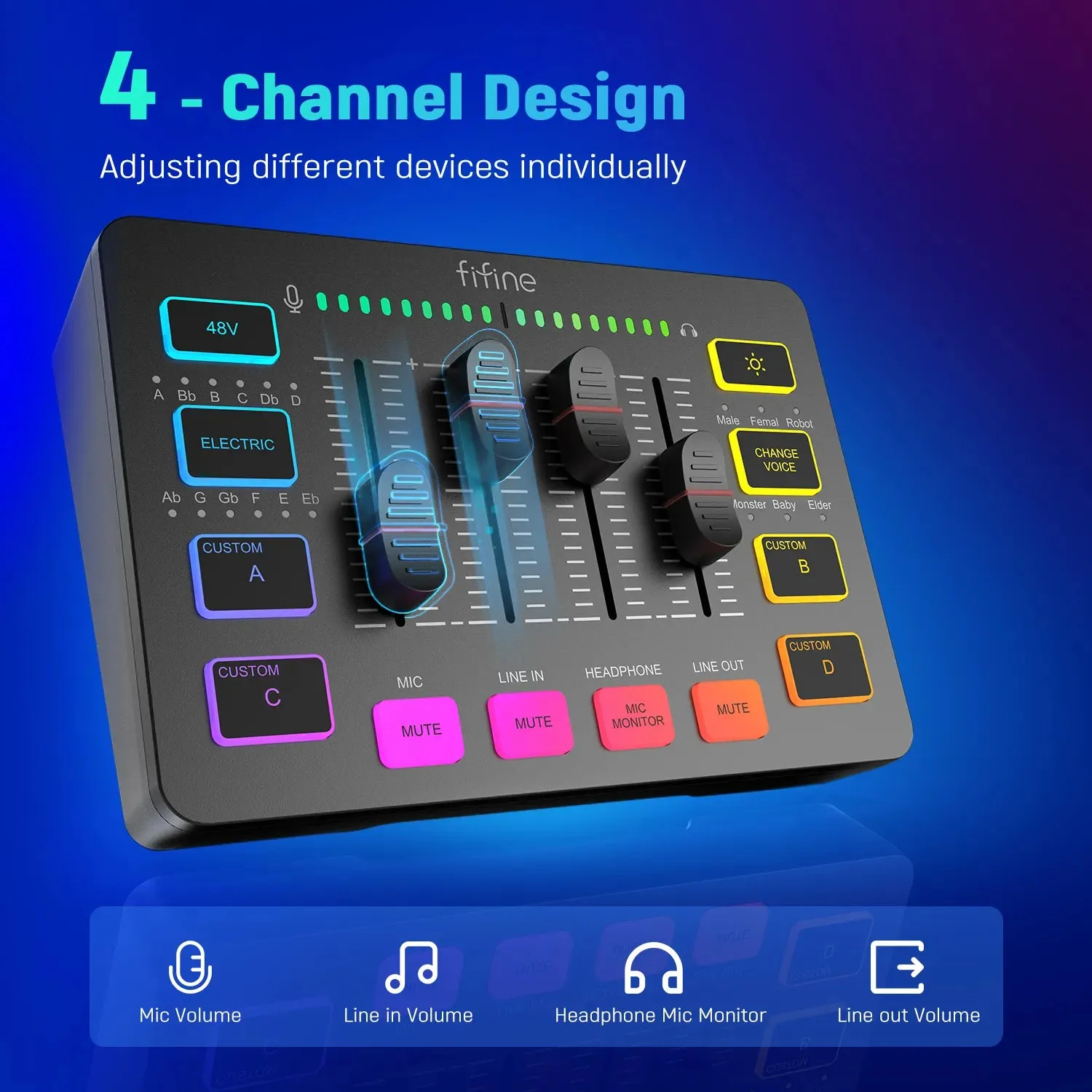 Gaming Audio Mixer Streaming 4-Channel RGB Mixer