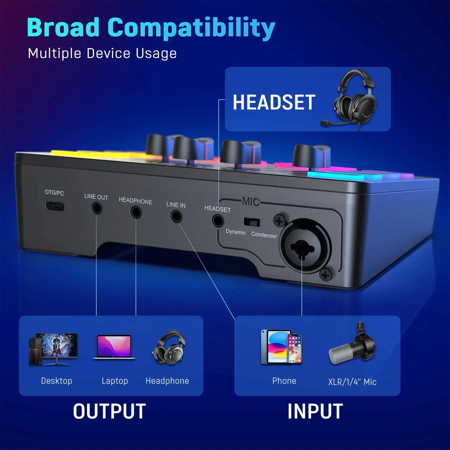 Gaming Audio Mixer Streaming 4-Channel RGB Mixer