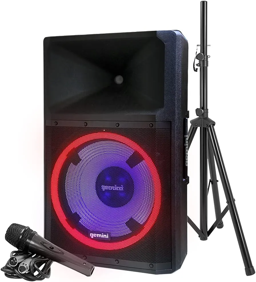 Gemini 2200W 15" Powered Bluetooth PA Speaker with Lights, Stand & Microphone