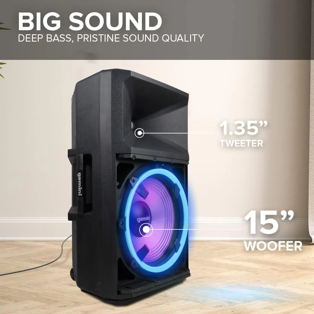 Gemini 2200W 15" Powered Bluetooth PA Speaker with Lights, Stand & Microphone