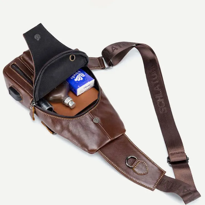 Genuine Leather Multi-Pocket Chest Bag Sling Backpack with USB Charging Port