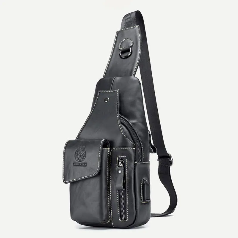 Genuine Leather Multi-Pocket Chest Bag Sling Backpack with USB Charging Port