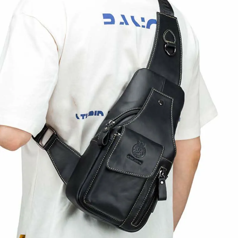 Genuine Leather Multi-Pocket Chest Bag Sling Backpack with USB Charging Port