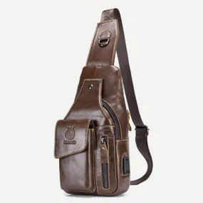 Genuine Leather Multi-Pocket Chest Bag Sling Backpack with USB Charging Port