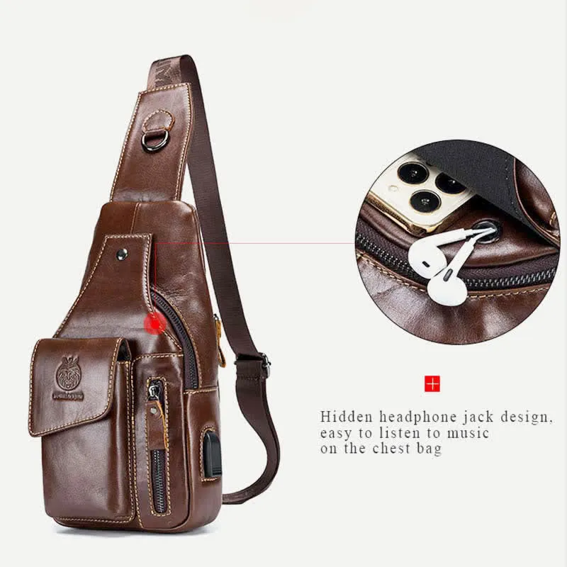 Genuine Leather Multi-Pocket Chest Bag Sling Backpack with USB Charging Port