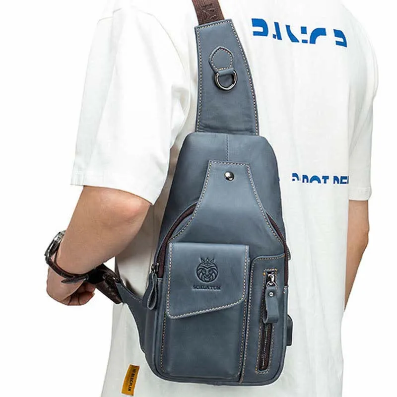 Genuine Leather Multi-Pocket Chest Bag Sling Backpack with USB Charging Port