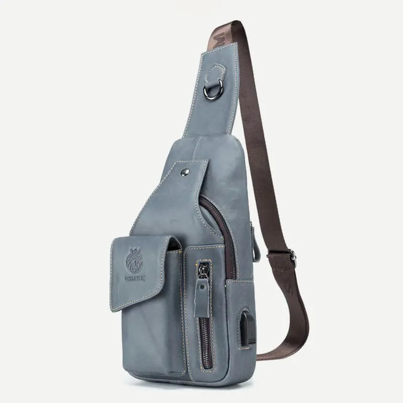 Genuine Leather Multi-Pocket Chest Bag Sling Backpack with USB Charging Port
