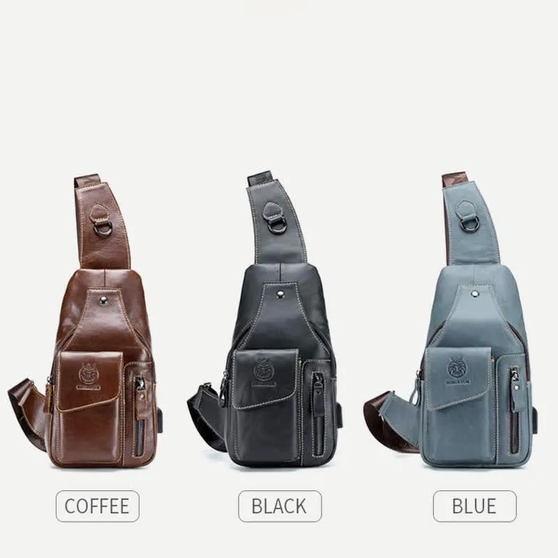 Genuine Leather Multi-Pocket Chest Bag Sling Backpack with USB Charging Port