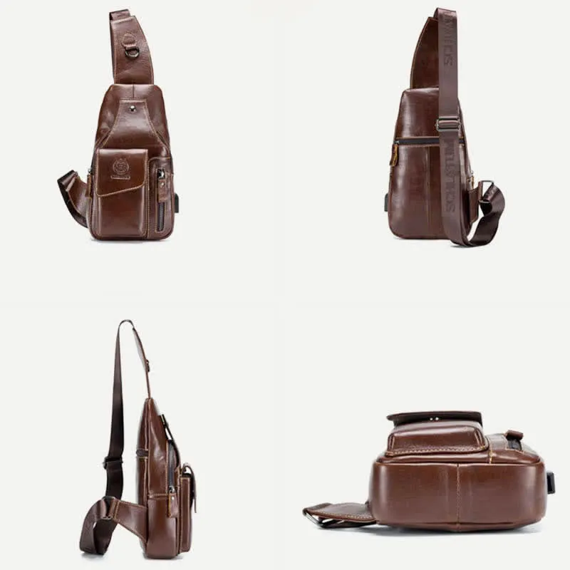 Genuine Leather Multi-Pocket Chest Bag Sling Backpack with USB Charging Port