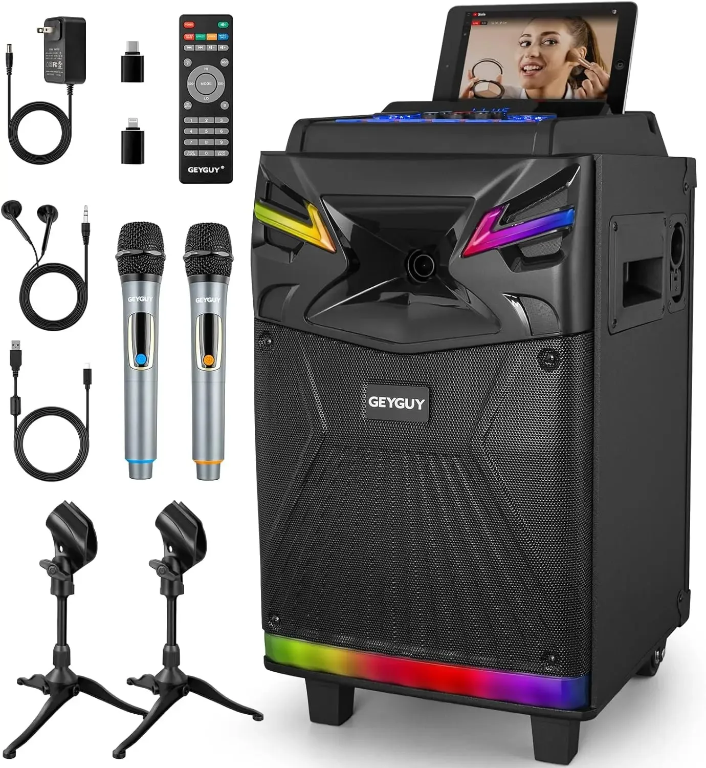GTSK10-1 DSP Bluetooth Karaoke Machine with Live Streaming Function, Portable PA System with 2 Wireless Microphones