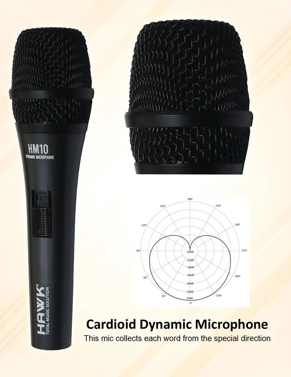 Hawk Proaudio HM 10 Handheld Dynamic Cardioid Wired Mic for Live, Recording, Speech with mic Holder and Pouch with ON/Off Switch, (Mic Cable Not Included)