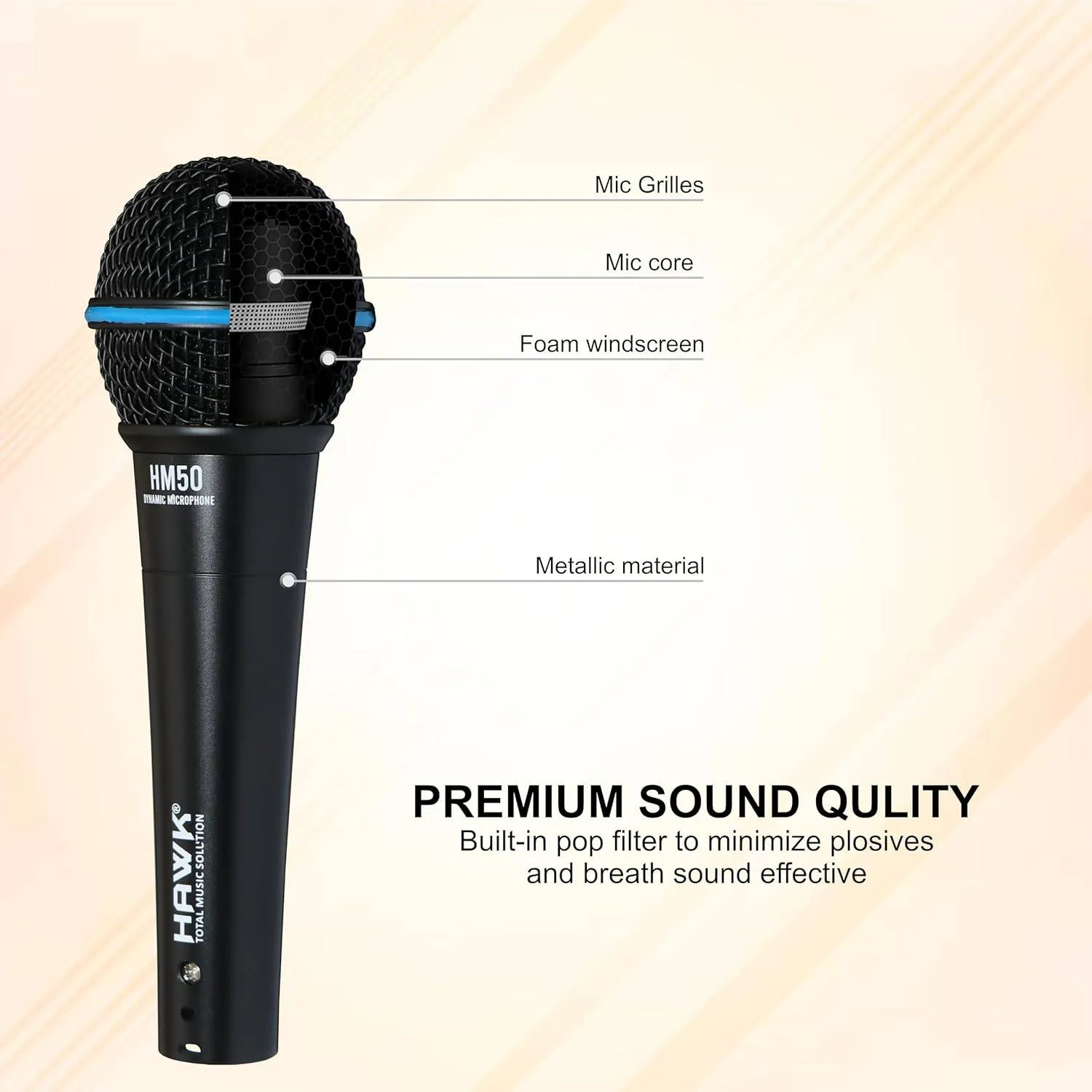Hawk Proaudio HM 50 Handheld Dynamic Cardioid Wired Mic for Live, Recording, Speech, Karaoke with 6 Meter mic Cable, mic Holder and Pouch