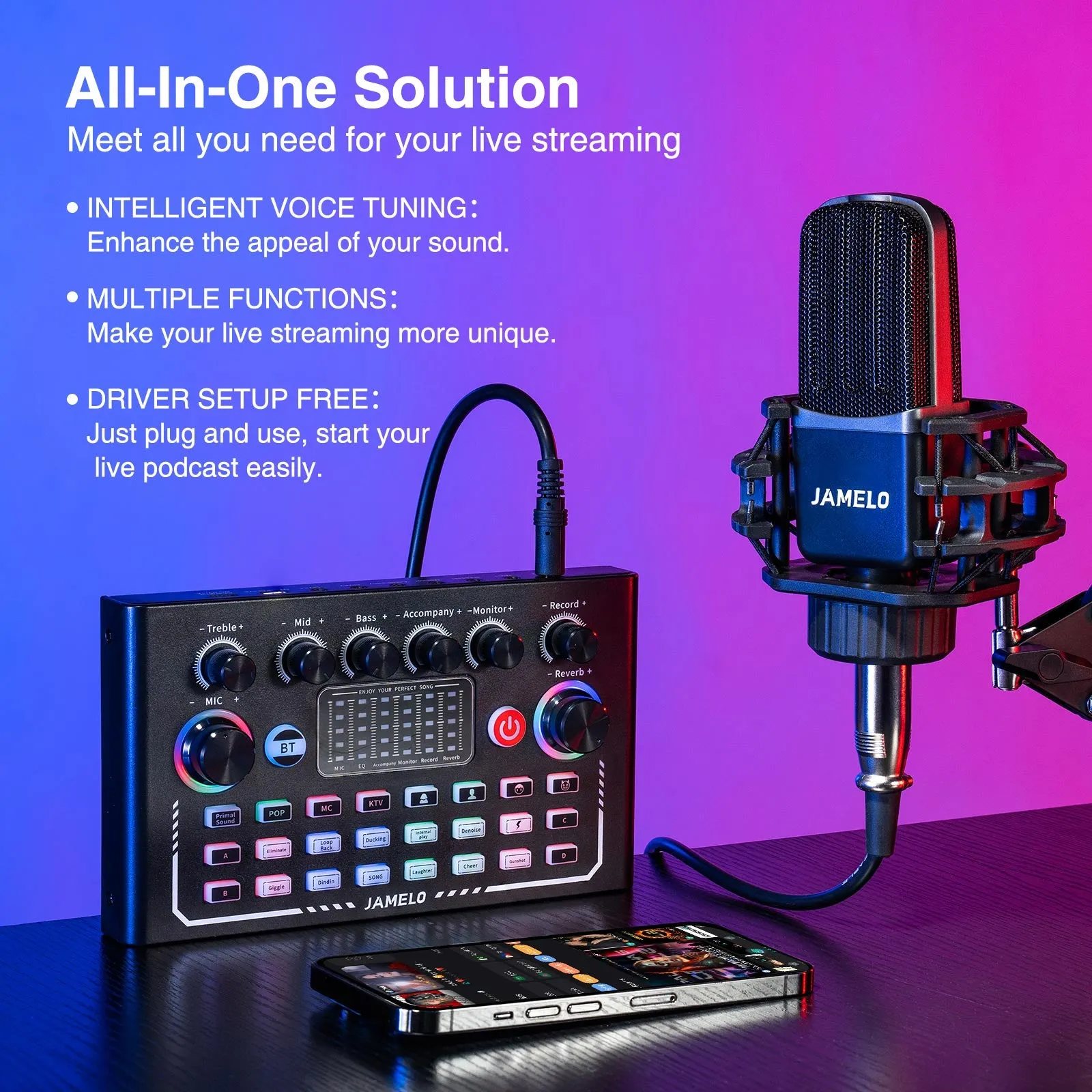 JAMELO Podcast Equipment Bundle F009 Audio Mixer Sound Card MC-88 Studio Equipment Kit