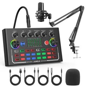 JAMELO Podcast Equipment Bundle F009 Audio Mixer Sound Card MC-88 Studio Equipment Kit