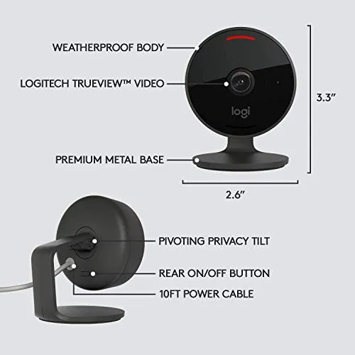 Logitech Circle View Weatherproof Wired Home Security Camera with Logitech TrueView Video, 180° Wide Angle, 1080p HD, Night Vision, 2-Way Audio, Tilt for Privacy, Encrypted, Apple HomeKit Secure Video