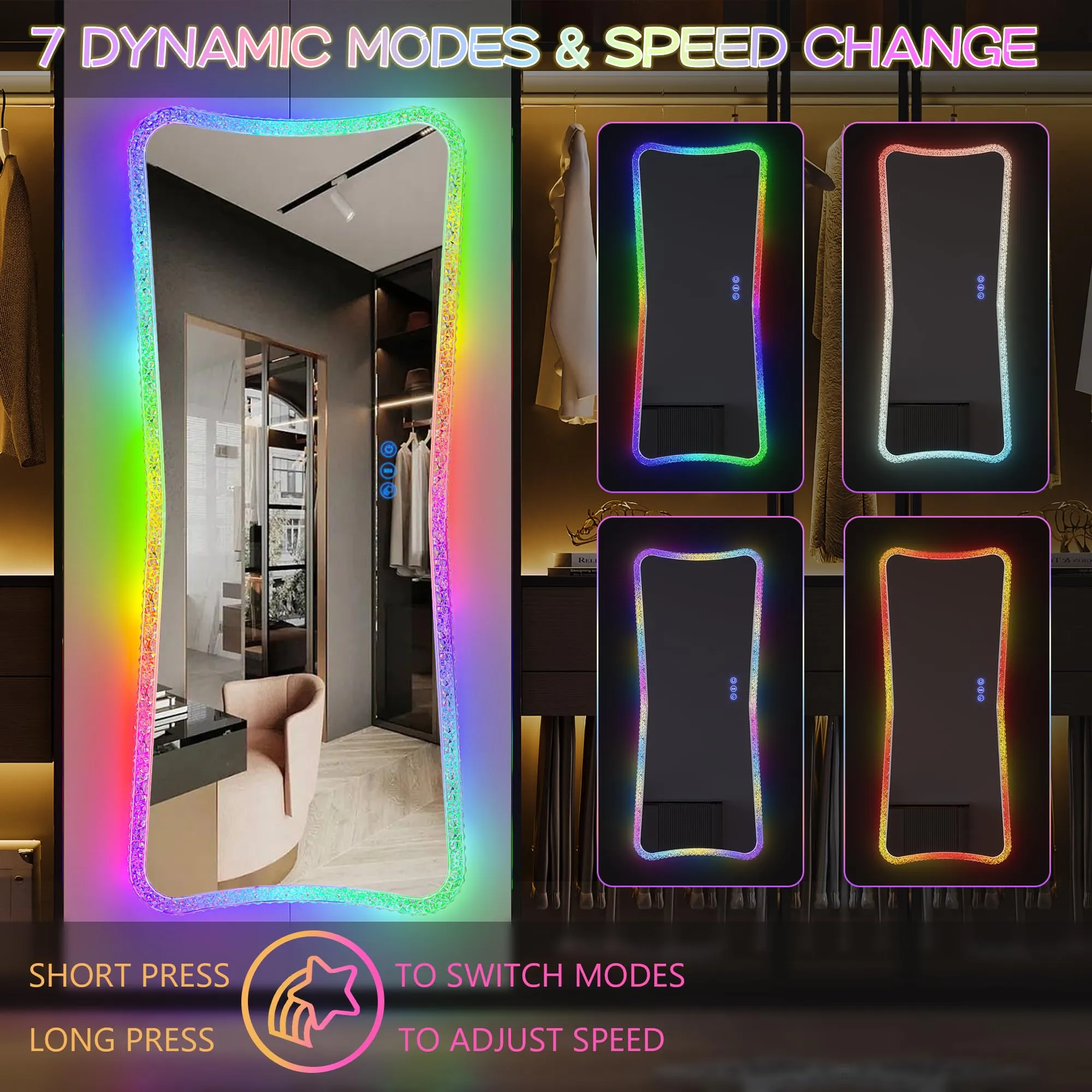 Lvifur RGB LED Full Length Mirror 48”x20”, Wall Mounted Hanging Mirror 7 Dynamic & 7 Static Modes Dimmable, Full Body Lighted Mirror for Bedroom, Cloak Room