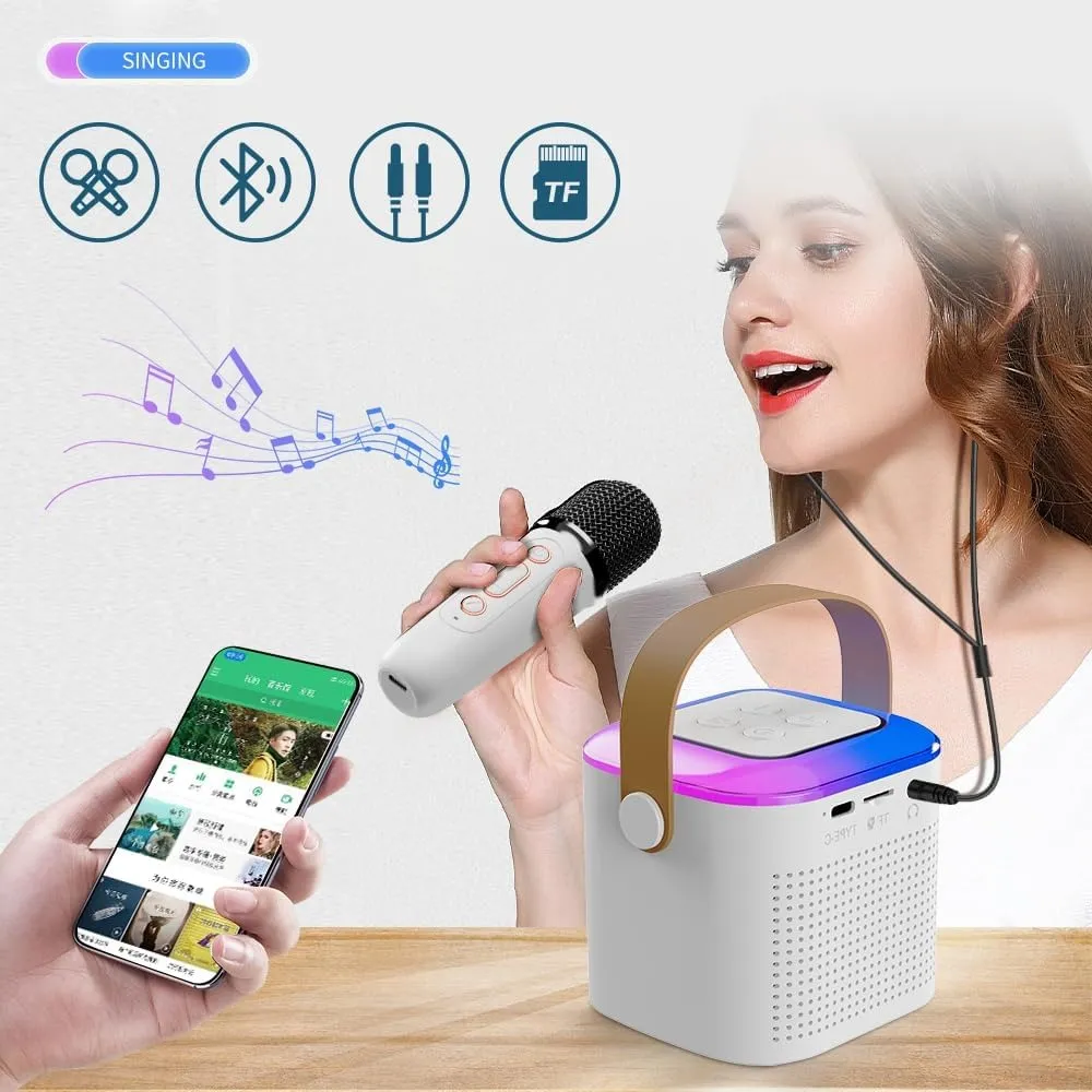 LYCHL Y1 Portable Karaoke Machine with 2 Wireless Microphones with LED Lights - Pink