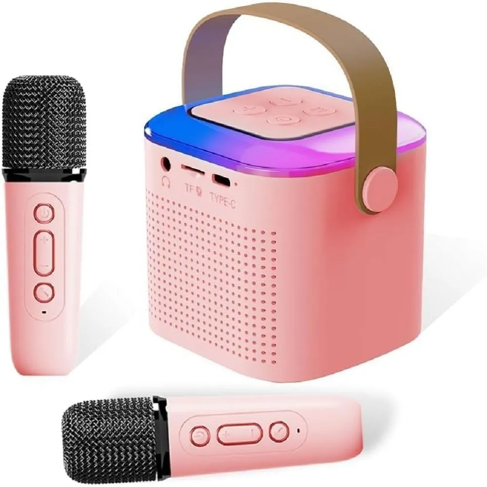 LYCHL Y1 Portable Karaoke Machine with 2 Wireless Microphones with LED Lights - Pink