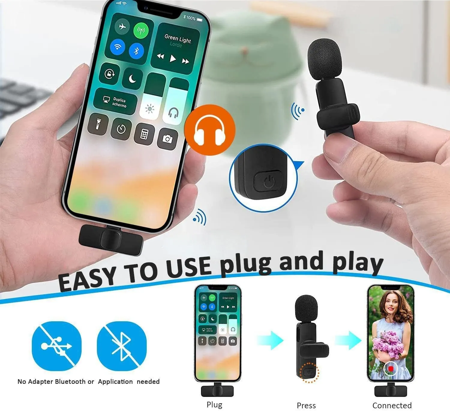 MAYBESTA Professional Wireless Lavalier Lapel Microphone for Iphone, Ipad - Cordless Omnidirectional Condenser Recording Mic for Interview Video Podcast Vlog Youtube