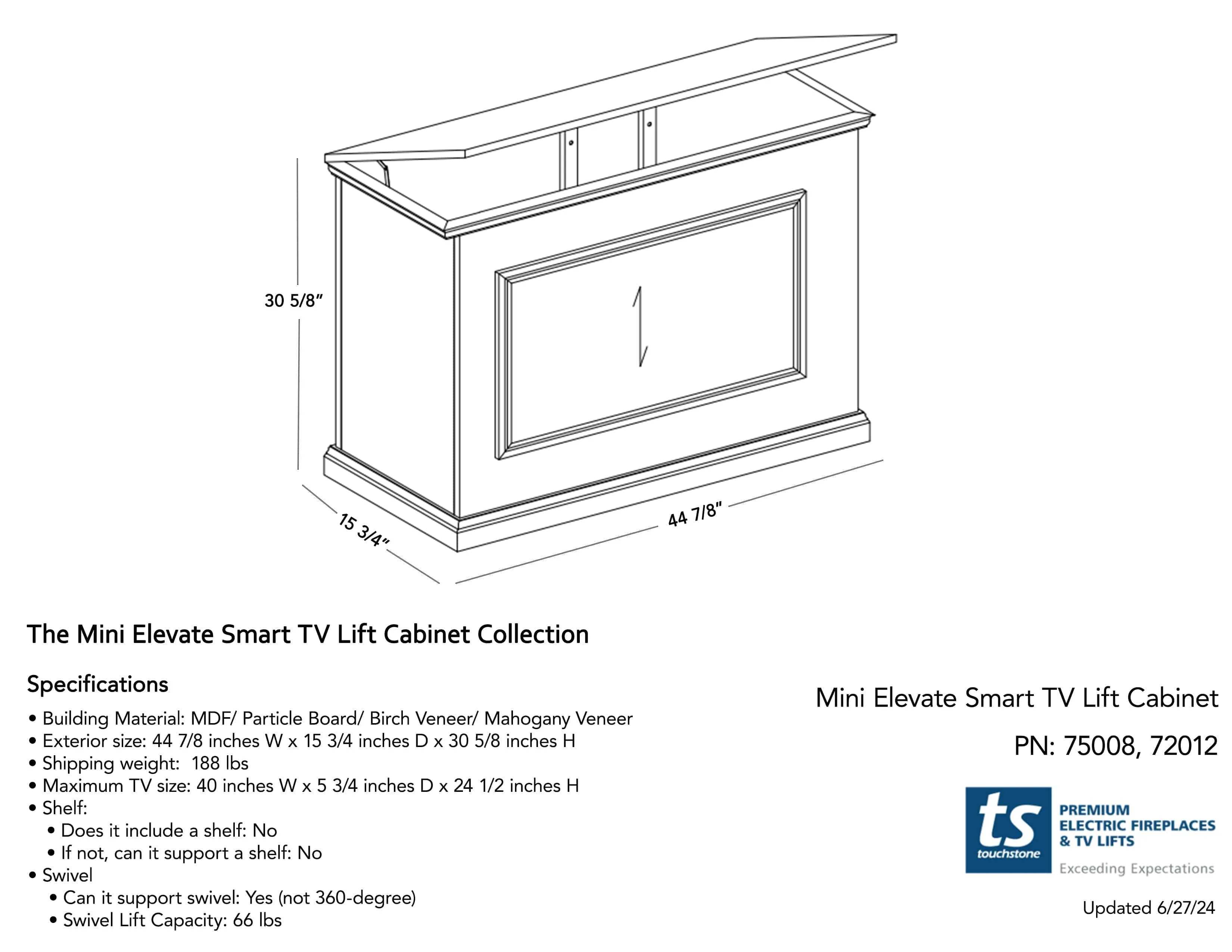 Mini Elevate 75008 Espresso Smart TV Lift Cabinet for 46 Inch Flat screen TVs