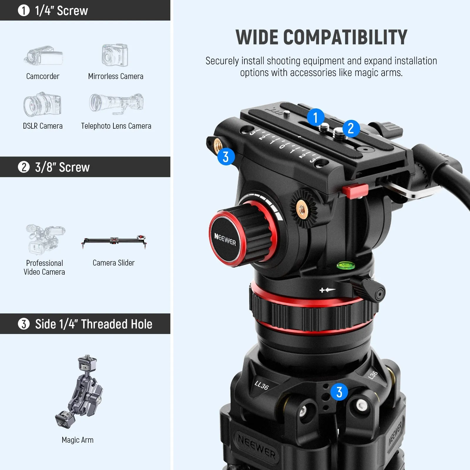 NEEWER LL36 78" Carbon Fiber Video Tripod with Fluid Head