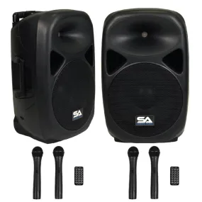 Pair of Powered 12 Inch PA Speakers - Rechargeable with 2 Mics, Remote and Bluetooth