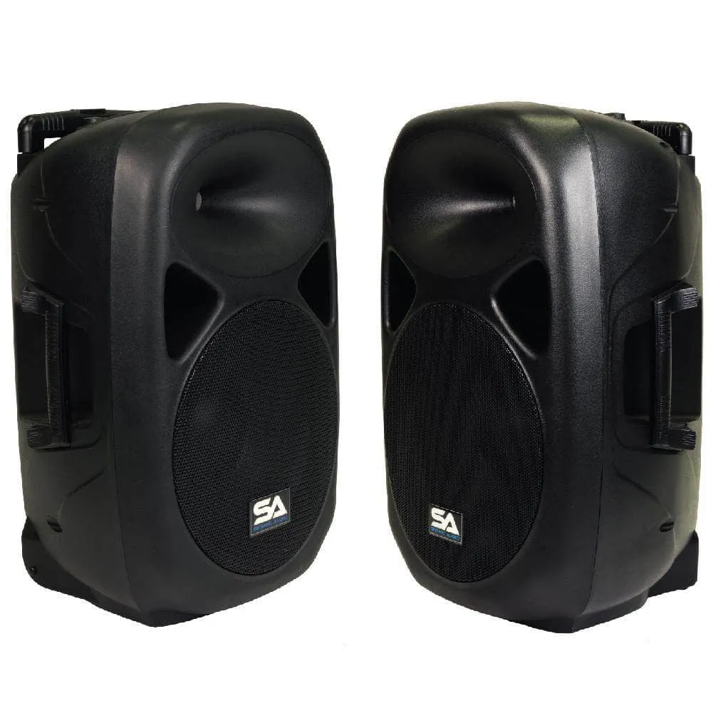 Pair of Powered 12 Inch PA Speakers - Rechargeable with 2 Mics, Remote and Bluetooth