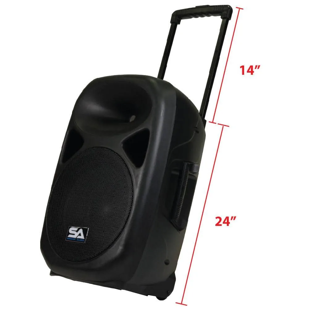 Pair of Powered 15 Inch PA Speaker - Rechargeable with 2 Mics, Remote and Bluetooth