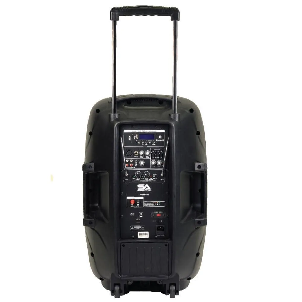 Pair of Powered 15 Inch PA Speaker - Rechargeable with 2 Mics, Remote and Bluetooth
