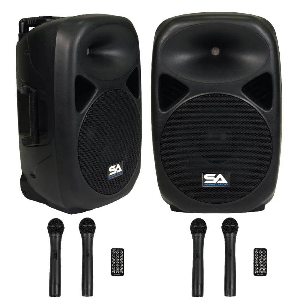 Pair of Powered 15 Inch PA Speaker - Rechargeable with 2 Mics, Remote and Bluetooth