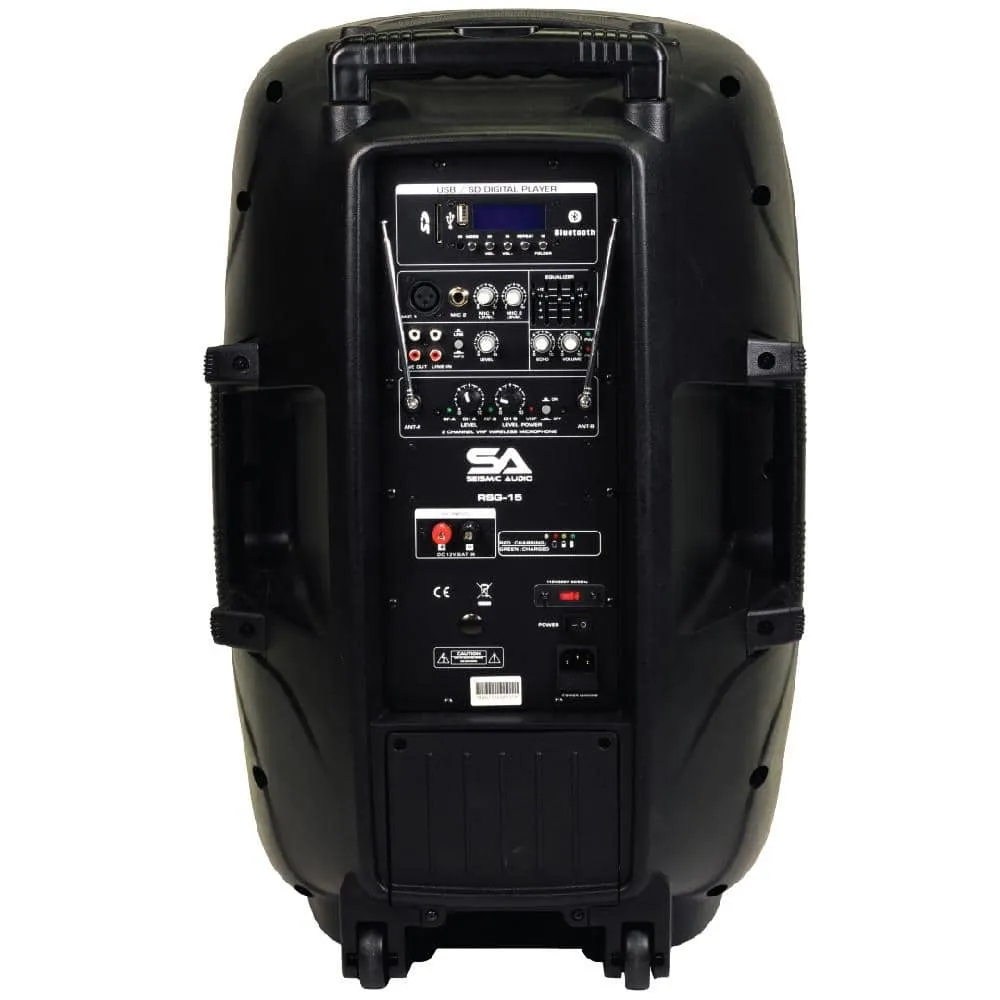 Pair of Powered 15 Inch PA Speaker - Rechargeable with 2 Mics, Remote and Bluetooth