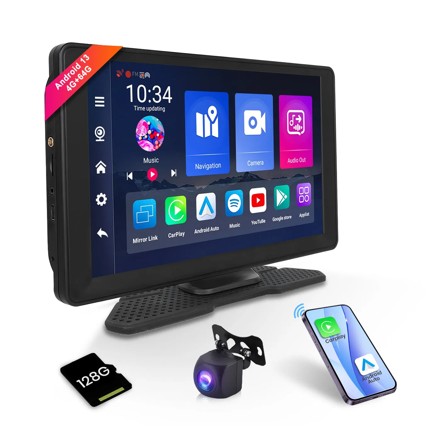 PODOFO 9 Inches 4G 64G Android 13.0 Portable Wireless Carplay Screen Car Stereo, High-definition DVR with Front Camera, Android Auto Touchscreen, GPS Navigation, WiFi,Bluetooth, Supports Android Cast Apple Airplay