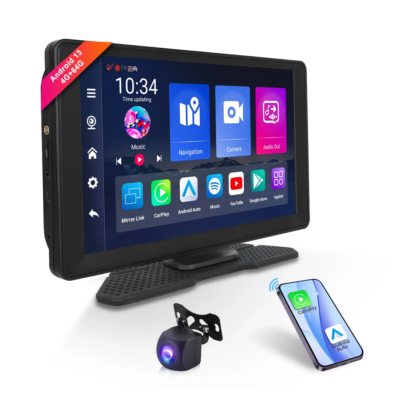 PODOFO 9 Inches 4G 64G Android 13.0 Portable Wireless Carplay Screen Car Stereo, High-definition DVR with Front Camera, Android Auto Touchscreen, GPS Navigation, WiFi,Bluetooth, Supports Android Cast Apple Airplay