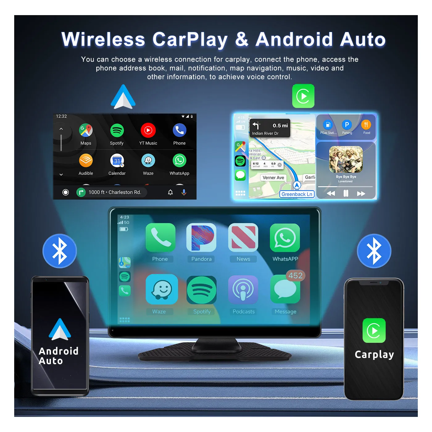 PODOFO 9 Inches 4G 64G Android 13.0 Portable Wireless Carplay Screen Car Stereo, High-definition DVR with Front Camera, Android Auto Touchscreen, GPS Navigation, WiFi,Bluetooth, Supports Android Cast Apple Airplay