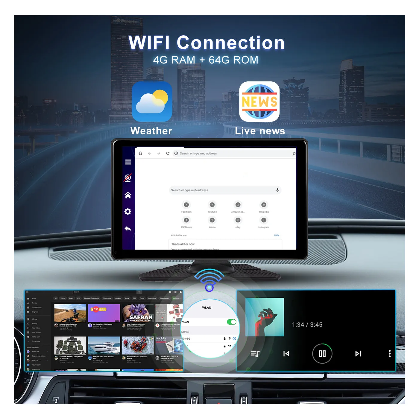 PODOFO 9 Inches 4G 64G Android 13.0 Portable Wireless Carplay Screen Car Stereo, High-definition DVR with Front Camera, Android Auto Touchscreen, GPS Navigation, WiFi,Bluetooth, Supports Android Cast Apple Airplay