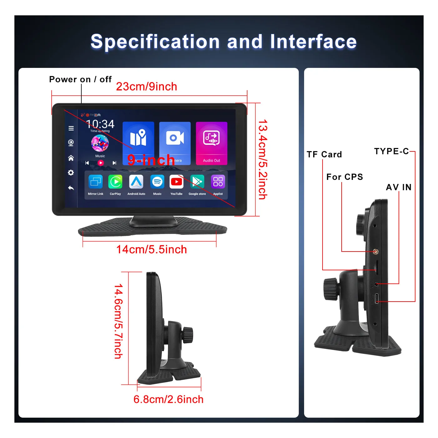 PODOFO 9 Inches 4G 64G Android 13.0 Portable Wireless Carplay Screen Car Stereo, High-definition DVR with Front Camera, Android Auto Touchscreen, GPS Navigation, WiFi,Bluetooth, Supports Android Cast Apple Airplay