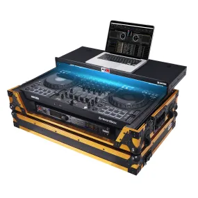 ProX XS-DDJFLX10 WLT FGLD Flight Style Road Case For Pioneer DDJ-FLX10 DJ Controller with Laptop Shelf 1U Rack Space and Wheels - Gold Hardware