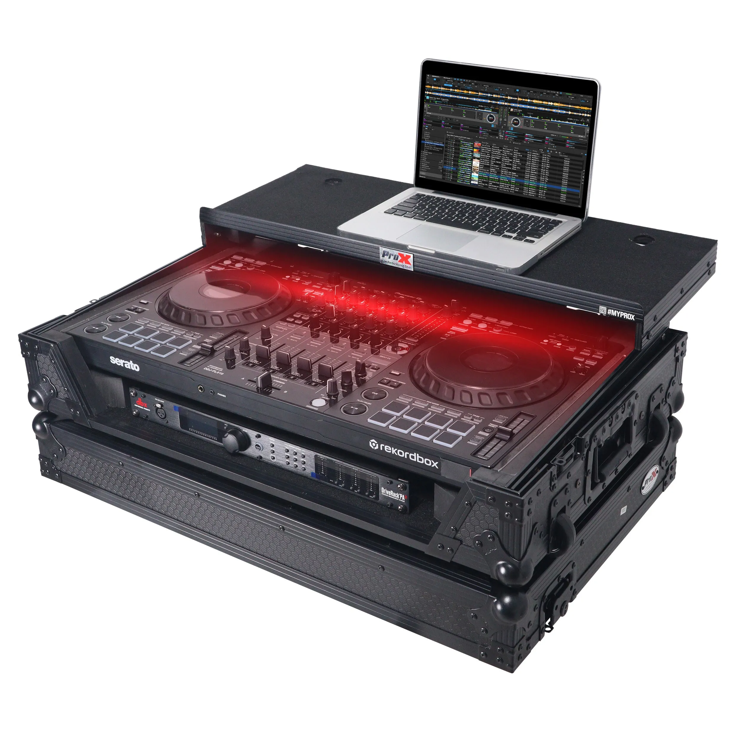 ProX XS-DDJFLX10WLTBL ATA Flight Style Road Case For Pioneer DDJ-FLX10 DJ Controller with Laptop Shelf 1U Rack Space Wheels and LED Black Finish