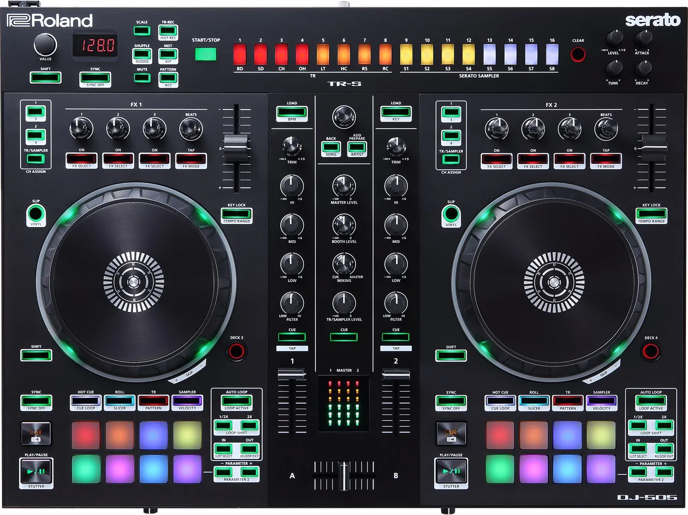 Roland PKG DJ-505 Two Channel, Four-Deck Serato DJ Controller with Free Orange EMB Rechargeable Speaker