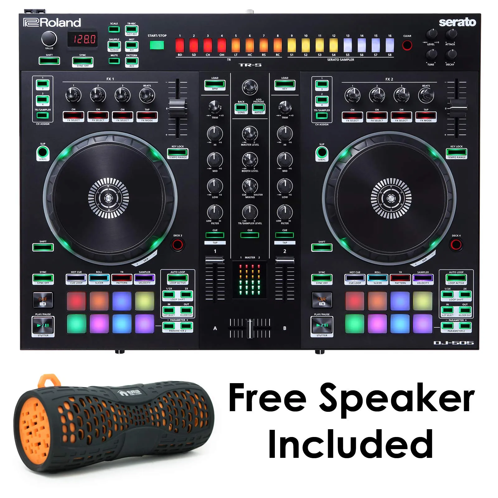 Roland PKG DJ-505 Two Channel, Four-Deck Serato DJ Controller with Free Orange EMB Rechargeable Speaker