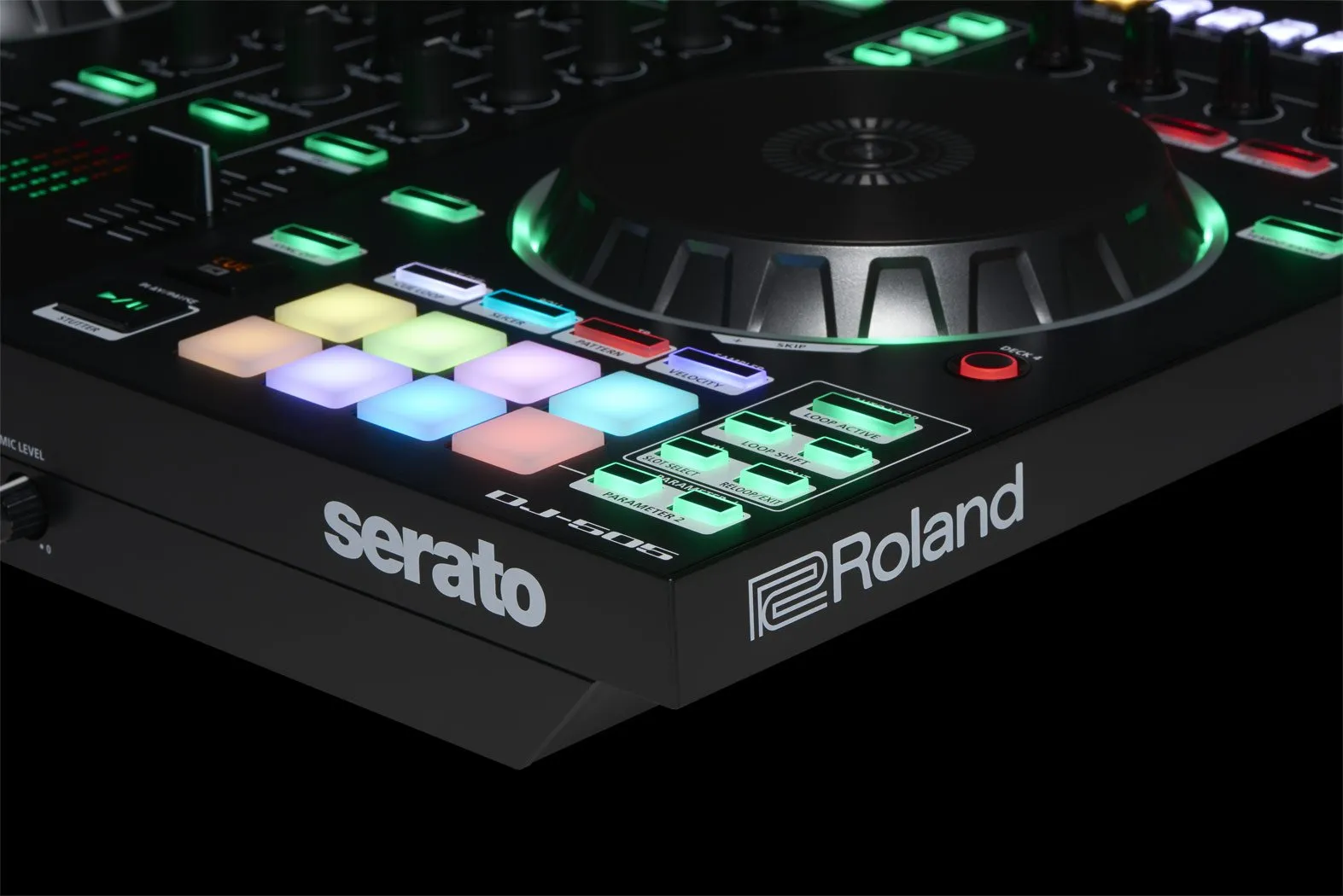 Roland PKG DJ-505 Two Channel, Four-Deck Serato DJ Controller with Free Orange EMB Rechargeable Speaker