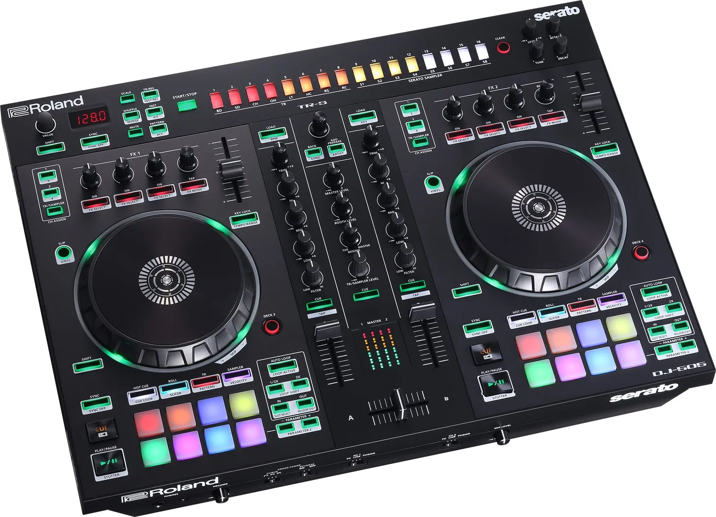 Roland PKG DJ-505 Two Channel, Four-Deck Serato DJ Controller with Free Orange EMB Rechargeable Speaker